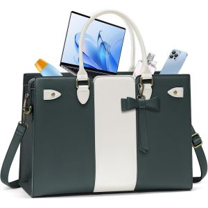 TZF-Sac Cabas Femme PU Cuir Sac a Main Femme de Cours Ordinateur pour Les Cours Lycee 15,6 Pouces Vert Fonc&eacute; avec du Blanc Cass&eacute; - Neuf