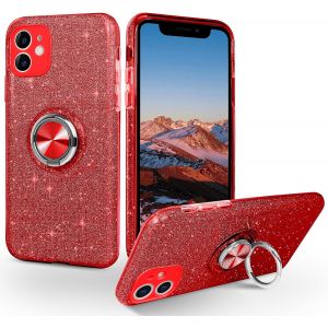 Kal-Coque Pour Iphone 11 Avec Anneau Rotatif 360° Support De Voiture Magnétiqu, Paillettes Scintillantes Brillantes La Mode Etui Protection, À Anti-Rayure Antichoc Housse Pour Iphone 11, Rouge - Neuf