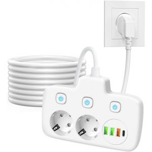 Multiprise avec USB, 2 prises avec interrupteur, adaptateur de prise 6 en 1 avec 3 USB + 1 PD, multiprise pour prise avec c&acirc;ble de 2 m, double prise pour la maison, le bureau - Neuf