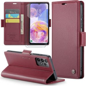 Kal-Coque Pour Samsung Galaxy A23+ 2 Pièces Verre Trempé,Antivol,Prend En Charge Le Chargement Sans Fil, Pochette Fermeture Magnétique Flip Case-Bourgogne - Neuf