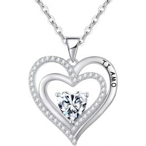 Kal-Collier Femme Argent Sterling 925 Je T'aime Double Coeur Pendentif Colliers Bijoux Idee Cadeau Original Fete Des Meres Anniversaire Saint Valentin Noel - Neuf