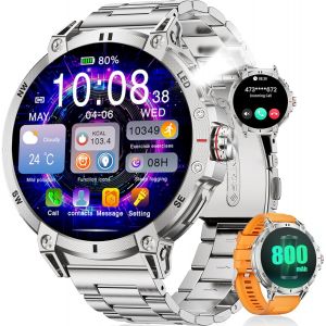 1,85¿ Hd Montre Connectée Homme Pour Ios Android 800 Mah Grande Batterie Smartwatch Homme Bluetooth Appels Argent Acier Lampe Led,Surveillance De La Santé,Moniteur De Sommeil,100+ Modes Sport - Neuf