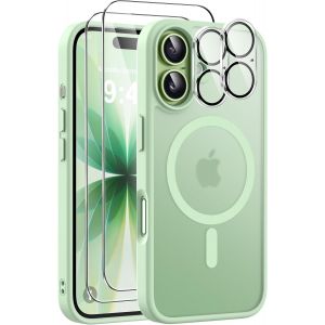 ELVORIX-5 in 1 Magn&eacute;tique Coque pour iPhone 17 avec 2 Verres Tremp&eacute;s et 2 Cam&eacute;ra Protecteur, Compatible MagSafe Dos Anti Rayures &Eacute;tui Antichoc TPU Bumper Housse pour iPhone 17 6,3"" - Vert Clair - Neuf