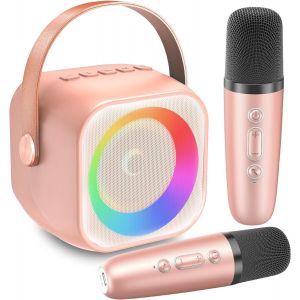 ERYI-Machine De Karaoké Avec 2 Micro Sans Fil Bluetooth Hifi Micro Karaoke Enfant, Cadeau Jouet Pour Garçons Filles 3-12 Ans, Portable Mini Microphone Karaoké Avec Magique Voix Change Et Led Lumière - Neuf