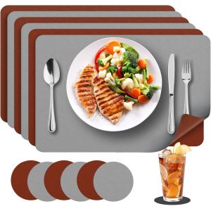 Eryi-Lot De 6 Sets De Table Et Dessous De Verre, Double Face Set De Table Lavable Imperméables, Set Table Antidérapants Faciles À Nettoyer(Brun Gris Clair) - Neuf