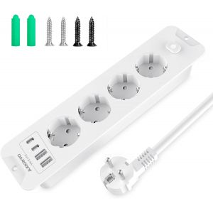 Multiprise Escamotable Avec 2 Ports Usb C, 4 Prises, 4000 W 16 A, Encastrable Pour Plan De Travail, Plateau De Table, Multiprise Avec 4 Prises Usb U2013 2 M 1,5 Mm² Câble Blanc - Neuf