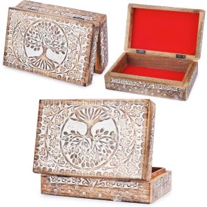 Tianyi-Boîte En Bois Sculptée À La Main Motif Arbre De Vie Blanc Coffret Décoratif Multifonction Boîte À Bijoux Porte Trésors Coffret À Montres Idée Cadeau - Neuf