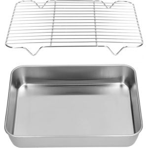 CHECARZHN--NO1-Plat À Rôtir En Acier Inoxydable Avec Grille, Lisse Antiadhésive, Facile À Nettoyer Pour Cuisson Au Four Et Cuisson, Matériau Sain, Rouille (26.5 * 20.5 * 5Cm) - Neuf