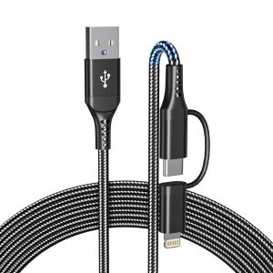 TRAHOO-C&acirc;ble USB C et Lightning Charge Rapide [2M] 2 en 1 Multi USB C&acirc;ble [3A & Transmission de Donn&eacute;es] Universel Chargeur de Chargement en Nylon avec USB C Lightning C&acirc;ble pour iPhone 16/15/14/13/H - Neuf