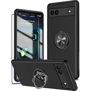 LORANKA-Pour Google Pixel 6a Cas Avec Bague De B&eacute;quille Et Protecteur D'&eacute;cran, Antichoc Et Anti-rayures 360 &deg; Support De Bague Magn&eacute;tique Stand Couverture De T&eacute;l&eacute;phone Pour Google Pixel 6a - Noir - Neuf