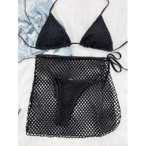 Maillot De Bain Trois Pièces En Résille Avec Jupe Transparente Et Dos Nu - Neuf