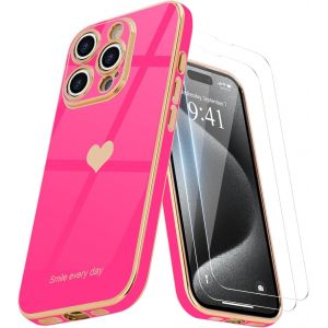 Pps-Coque Compatible Avec Iphone 15 Pro + 2 Films De Protection D'écran, Coque Pour Filles, Coque Galvanisée, Protection D'appareil Photo, Coque De Téléphone Pour Iphone 15 Pro, Rose Rouge - Neuf