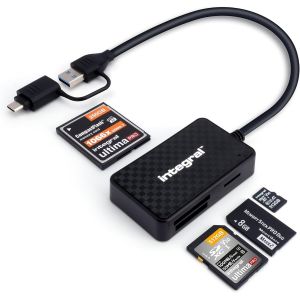 CAP-4en1 Lecteur de Carte Mémoire, USB 3.0 & USB C Adaptateur pour microSD, SD, Compact Flash, MS Duo/Pro - Compatible avec iPhone 15/16 Plus/Pro/Pro Max, MacBook Pro/Air, iPad, PC, Smartphone - Neuf