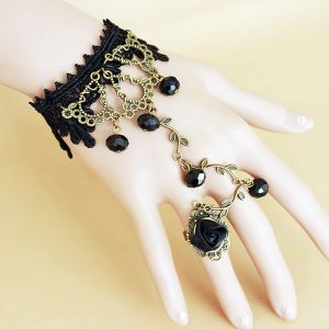 Kal-Bague Dentelle Bracelet Gothique Dentelle Noire Esclave Bague Bracelet Cristal Taseel Chaîne Dentelle Bague Bracelet Rose Fleur Bague Bracelet Lolita Cosplay Bijoux Pour Femmes Filles (Noir) - Neuf
