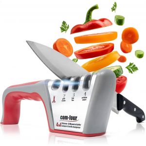 Aiguiseur De Couteaux Premium &Agrave; 4 Niveaux, &Eacute;galement Adapt&eacute; Aux Ciseaux - Aiguiseur De Couteaux Manuel Professionnel (1 Pi&egrave;ce - Couleur Argent. Gris. Rouge) - Neuf