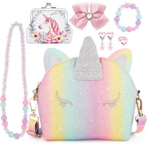 ERYI-Sac À Main Licorne Pour Petites Filles, 7Pcs Sac À Bandoulière Mignon Pour Enfants Avec Dress Up Jewelry Set Faire Semblant Accessoires De Jeu, Cadeau D'Anniversaire Licorne Cadeau Fille Jouet - Neuf
