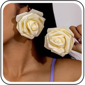 Kalhx-Boucles D'oreilles Tissu Vintage Fleurs Roses Boucles D'oreilles Grandes Fleurs Blanches Boucles D'oreilles Exagérées Boucles D'oreilles Grandes Fleurs Boucles D'oreilles Mariage Fleurs - Neuf