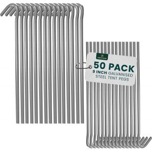 Cuqoo 50 Pack 9"" Heavy Duty Tent Pegs-Durable Galvanized Steel Ground Pegs-Rustproof Metal Stakes For Camping,Gazebos,Hiking And Outdoor-50 Pack - Neuf
