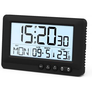 KAL-Réveil Numérique, Horloge De Bureau À Pile Avec Écran Lcd, 12/24H, Calendrier, Température, Réveil De Voyage Avec 2 Alarmes, Fonction Snooze, Horlogue Digitale Pour Chambre, Maison, Bureau - Neuf