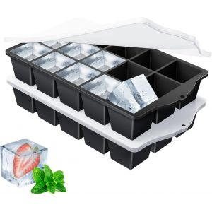 Kal-Moule À Glaçons, 2 Pièces De 15 Compartiments Bac À Glaçons En Silicone, Glçons Carrés 3cm, Diy Réutilisable Bacs À Glaçons Empilables Sans Bpa Pour Cocktails, Whisky, Vin, Fruits -Noir - Neuf