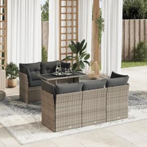 Salon De Jardin 6 Pcs Avec Coussins Gris Résine Tressée - Neuf