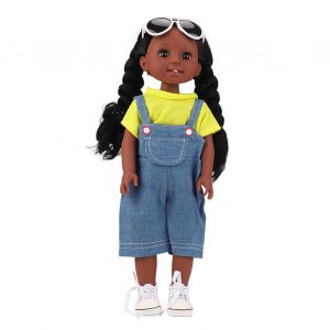 Poupee Fille Noire De 15 Pouces, Jolie Poupee En Vinyle Avec Salopette Tendance, Cadeau D'anniversaire Pour Enfants - Neuf