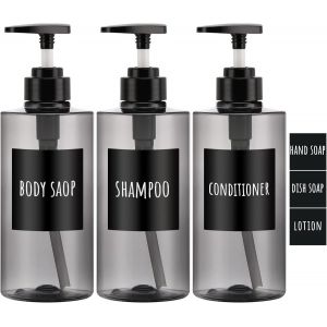 Shampooing Bouteilles Distributeur de Gel Douche,Lot de 3 Distributeurs de Savon 500 ML,Flacon Pompe Vide Rechargeable avec étiquettes,pour Cuisine Salle de Bains,Gris - Neuf