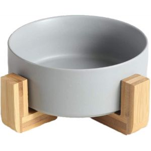 Gamelle Ronde En C&eacute;ramique Pour Chien Et Chat - Gamelle Sur&eacute;lev&eacute;e En C&eacute;ramique Durable Pour Nourriture Et Eau, Avec Support En Bois - Neuf