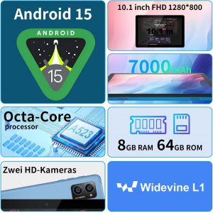 Tablette 10 Pouces Android 15 : 2025 Dernière 7000 Mah Octa-Core 8 Go De Ram+64 Go 1 To Tf Tablette Pc Wifi 6 2.4G/5G Bluetooth 5.0 1280X800 Fhd Gms Double Caméra Avec Clavier Souris,Type C - Neuf