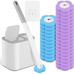 Brosse de toilette,jetable,avec têtes de rechange pour tige de toilette,brosse WC avec recharge de nettoyant et éponge (gris + 30) - Neuf