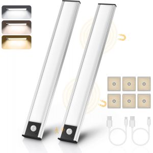 6000K Eclairage Led 4 Modes, Reglette Led Cuisine Luminosité Réglable 3 Couleurs Lampe Placard Detecteur Mouvement Sans Fil Rechargeable Pour Cuisine, Armoires, Escalier, Couloir(2 Pack) - Neuf