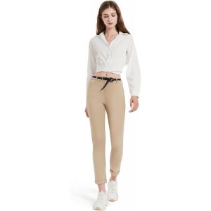 Pantalon Femme Taille Haute Classique Chic Et &Eacute;l&eacute;gant Cargo Chino Droit Avec Ceinture Boucles Bouton Fermeture &Eacute;clair Coton Stretch Ville Senior Travail Lyocell - Neuf