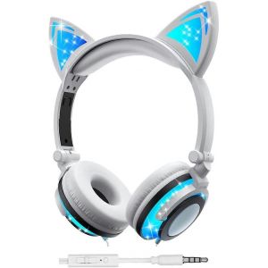 Casque pour filles garçons,Casque LED clignotant avec microphone sur l'oreille Casque stéréo filaire universel 3,5 mm - Neuf