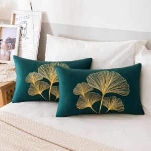 Tianyi-Lot De 2 Housse De Coussin Canap&eacute; 30x50cm Housse De Coussin Moderne Velours Ginkgo Biloba Motif Taie D'oreiller Bleu Vert Housses De Coussin Salon Housses Coussins Pour Canap&eacute; Balcon Patio - Neuf