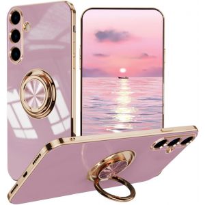 TRAHOO-Coque pour Samsung Galaxy A15, Tr&egrave;s Mince Antichoc Premium TPU Bumper Souple Silicone Housse, &Eacute;l&eacute;gant &Eacute;lectrolytique Bord Or 360&deg;Anneau Support &Eacute;tui, Violet - Neuf