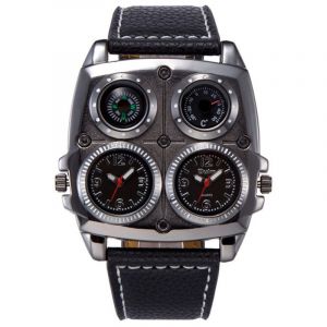 Montre Boussole, Montre À Quartz Militaire À Double Fuseau Horaire Pour Homme, Grande Taille, Noire, Avec Thermomètre Boussole Décoratif - Neuf