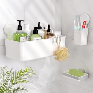 Étagère de Douche Ventouse avec Porte Savon & Porte Brosse à Dents Support Ventouse sans Perçage Salle de Bain Panier Rangement pour Bouteilles de Shampoing Gel,Porte Savon Douche-Blanc - Neuf