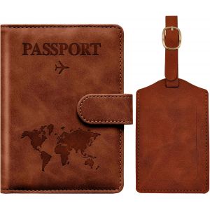 TRAHOO-Protege Passeport Francais et Etiquette Valise, Prot&egrave;ge Passeport avec Bloqueur RFID, Prot&egrave;ge-passeports pour Hommes et Femmes, Passport Cover pour Travel Essentials, Passport Holder (Brun) - Neuf