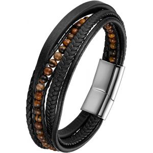 Kal-Bracelet R&eacute;tro Unique Pour Homme Biker Motard, Bracelet Manchette Multi-Rangs Tress&eacute; Cuir Perles Marronnes Bleues Bijoux Fantaisie Cadeaux Anniversaire No&euml;l Saint-Valentin F&ecirc;te Des P&egrave;res - Neuf