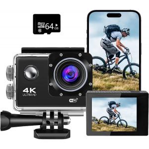 Mevronisshop-Cam&eacute;ra D'action 4k30fps 20mp Avec Carte De 64 Go, Cam&eacute;ra Sous-Marine 40 M, &Eacute;cran Tactile Ultra Hd &Eacute;tanche 170 &deg;, Stabilisation De La Glace, Cam&eacute;ra D'action Wifi Pour V&eacute;lo, Plong&eacute;e En Apn - Neuf