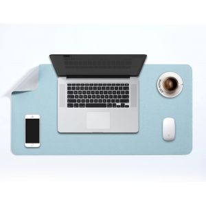 Sous-Main Bureau, Tapis De Bureau, Tapis De Clavier Et Souris, Tapis De Portable, Pad Écriture, Mouse Pad Xl, Pour Bureau/Maison/Gaming, Double Face En Cuir Pu 70 X 35Cm (Bleu Clair/Argent) - Neuf