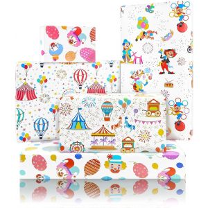 Canival Lot De 8 Feuilles De Papier Cadeau En 4 Motifs ,Clown Acrobatique Grandes Roues ,Tente De Ballon ,Man&egrave;ge Imprim&eacute; Sur Papier D'Art Blanc ,Joli Motif Cirque Pour Anniversaire ,Vacances ,F&ecirc;te - Neuf