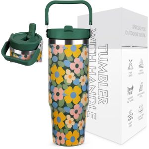 Sjzg-Gobelet Isotherme En Acier Inoxydable De 30 Oz Avec Paille U2013 0,89 L U2013 Gobelet Avec Anse Anti-Fuite U2013 Tumbler &Agrave; Paille Rabattable U2013 Isolation Sous Vide &Agrave; Double Paroi U2013 A - Neuf