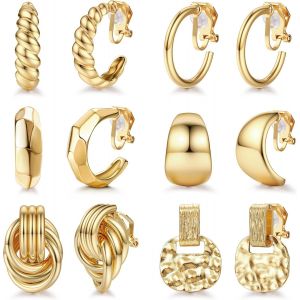 Kal-6paires Boucles D'oreilles À Clip Plaqué Or 18k Pour Femmes Chunky Hoop Clip Statement Twist Round Geometry Clip Earrings Lightweight Adjustable No Piercing Fake Earrings - Neuf