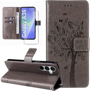 JGD-Coque pour Samsung Galaxy A36 5G Etui Portefeuille Cuir avec Verre Tremp&eacute; Motif Porte Carte &agrave; Rabat Clapet Housse Protection Flip Case &Eacute;tui Coque pour Samsung Galaxy A36 5G-Gris - Neuf