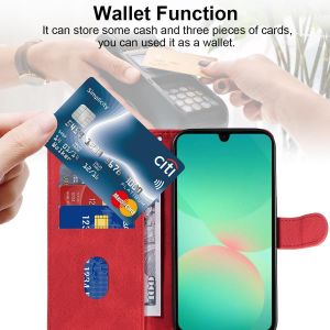 Kwex-Coque Pour Samsung Galaxy A26 5g Avec 1 Pièce Protection Écran En Verre Trempé, Housse Pu Cuir À Rabat Flip, Étui Support Et Portefeuille Fonction (Rouge) - Neuf