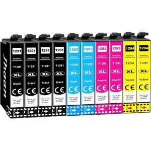NouvelHorizonstore-T1295 Compatible Cartouches d'encre pour Epson Stylus SX525WD SX445W SX425W SX235W SX420W Workforce WF3520 WF7620 Stylus Office BX305 T1291 T1292 T1293 T1294 (10 Pack) - Neuf