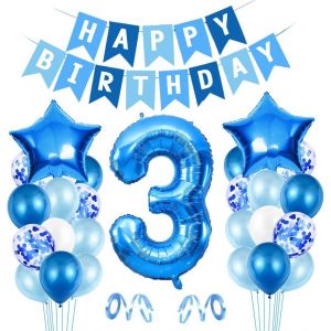 Ballon 3ème Anniversaire Bleu-Feuille Happy Birthday,Géant Numéro 3-Déco pour Garçon 3 Ans - Neuf