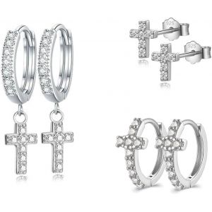 Kalanka-3 Paires Boucles D'oreilles Croix Boucles D'oreilles Argent 925 Pour Femme Homme Fille Clous D'oreilles Argent Zirconium Boucles D Oreilles Pendantes Croix Boucles D Oreilles Femme Cr&eacute;oles - Neuf
