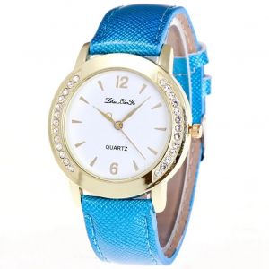 Zhoulianfa Strass D&eacute;coration Cadran Rond Cristal Grain Pu Bracelet Cuir Montre (Bleu) - Neuf